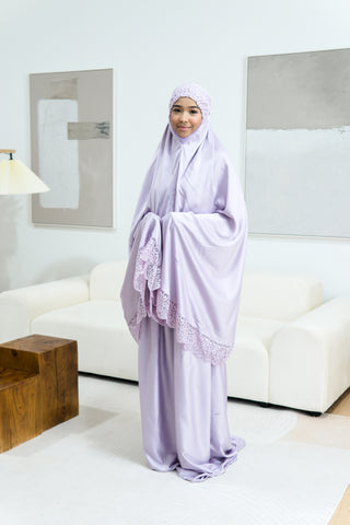Telekung Satin Single Laced- LILAC